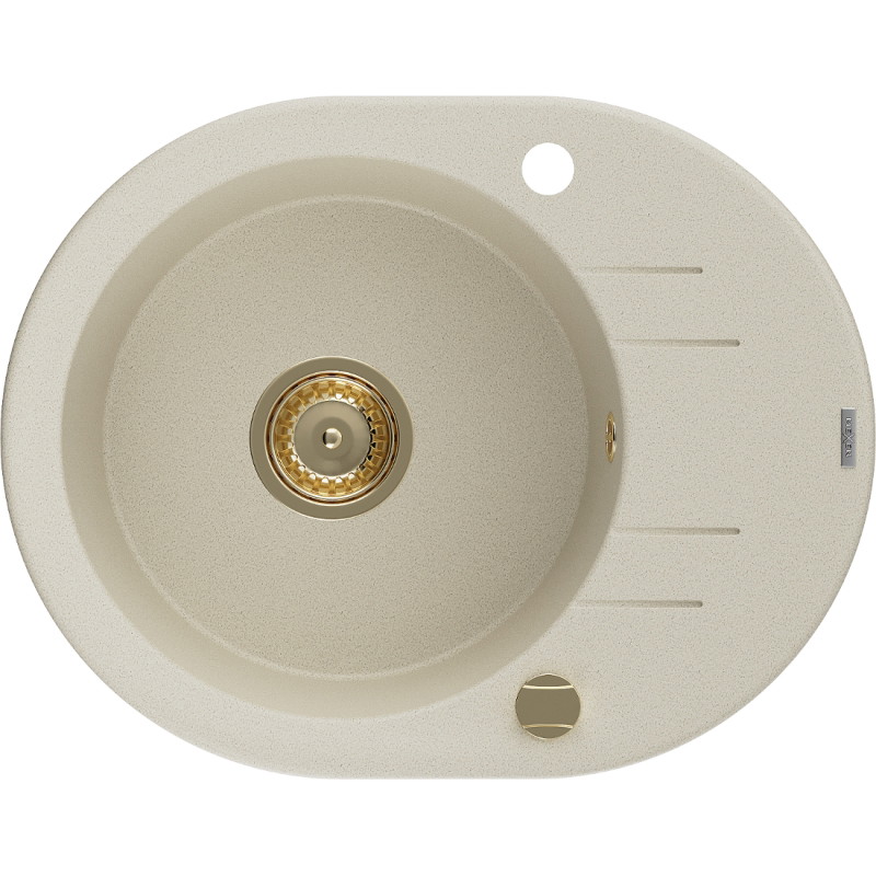 Mexen Kevin granieten gootsteen met 1 bak en afdruiprek 586 x 458 mm, beige, gouden sifon - 6517581005-69-G