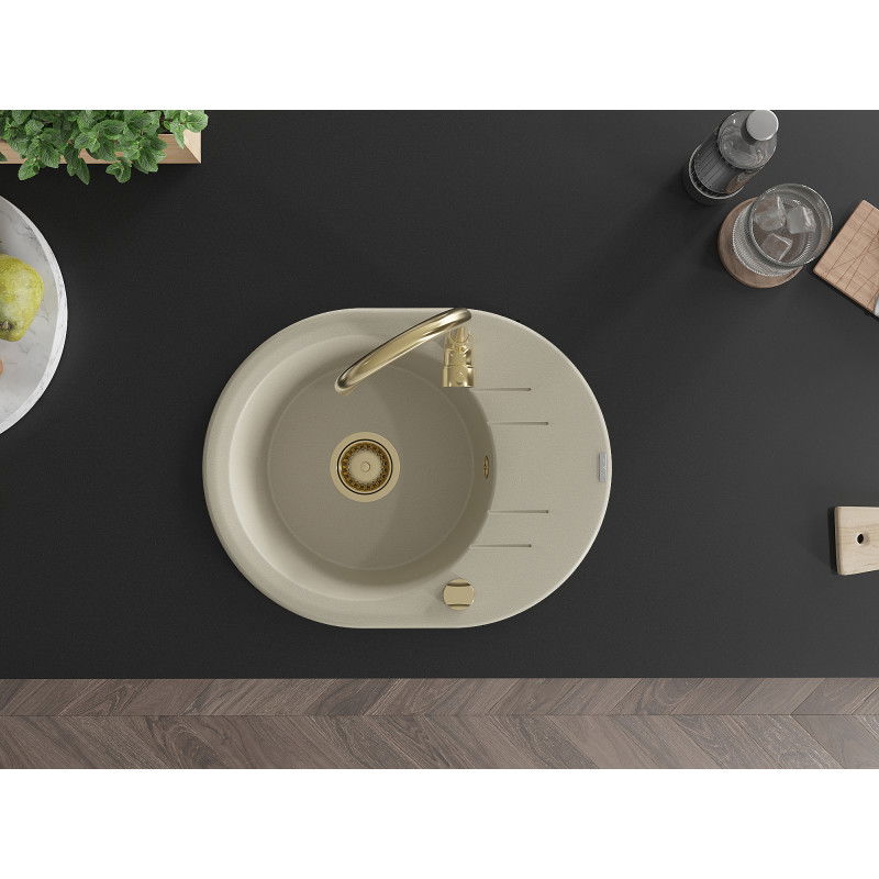 Mexen Kevin Granitspüle 1-Becken mit Abtropffläche 586 x 458 mm, beige, goldener Siphon - 6517581005-69-G