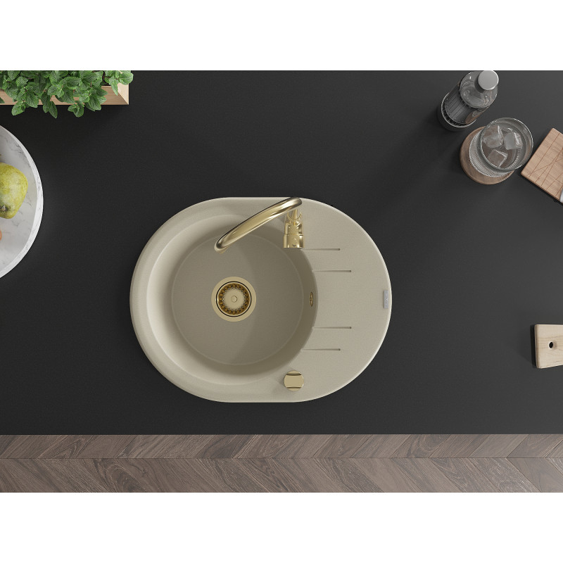 Mexen Kevin lavello in granito a 1 vasca con sgocciolatoio 586 x 458 mm, beige, sifone dorato - 6517581005-69-G