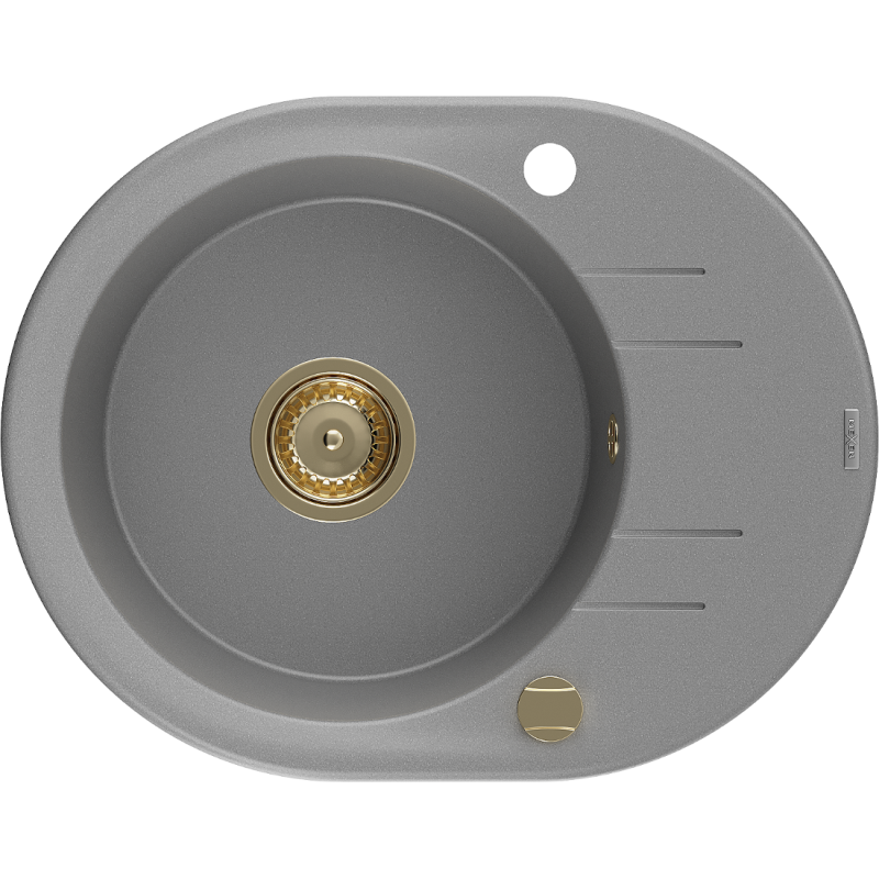 Mexen Kevin granieten gootsteen met 1 kom en afdruiprek 586 x 458 mm, grijs, gouden sifon - 6517581005-71-G