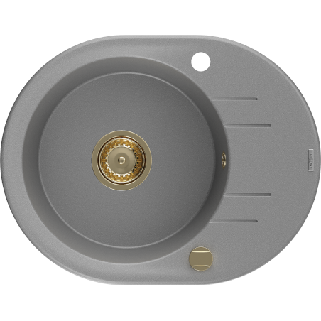 Mexen Kevin fregadero de granito de 1 cubeta con escurridor 586 x 458 mm, gris, sifón dorado - 6517581005-71-G