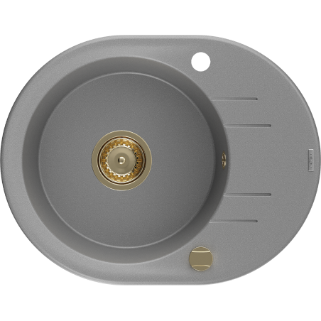 Mexen Kevin granieten gootsteen met 1 kom en afdruiprek 586 x 458 mm, grijs, gouden sifon - 6517581005-71-G