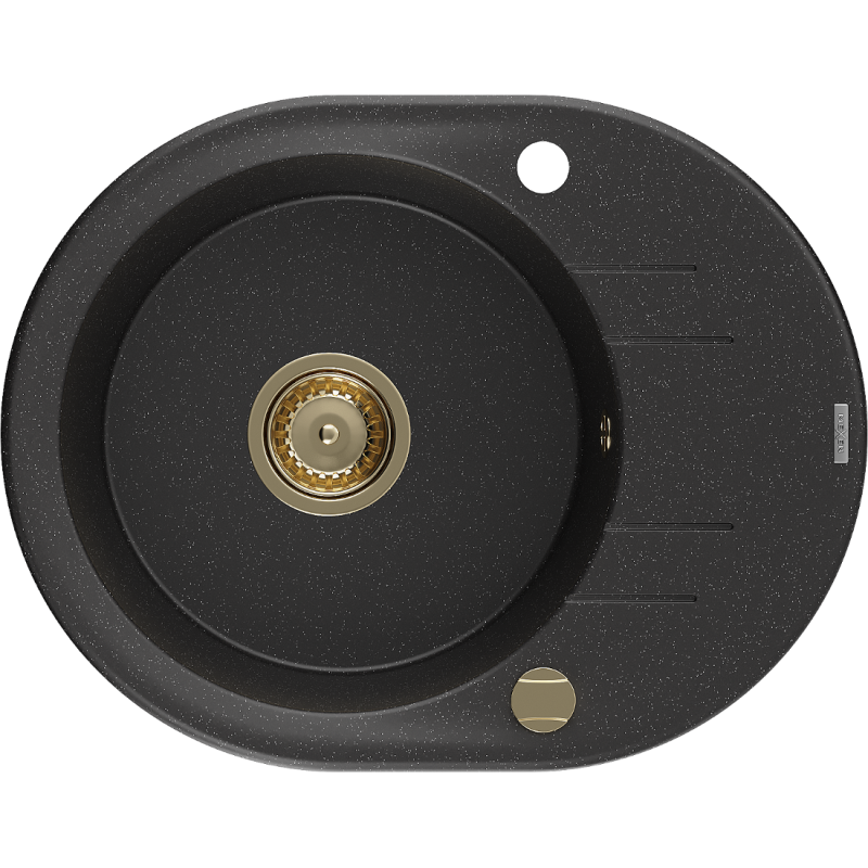 Mexen Kevin fregadero de granito de 1 seno con escurridor 586 x 458 mm, negro/plateado metálico, sifón dorado - 6517581005-73-G