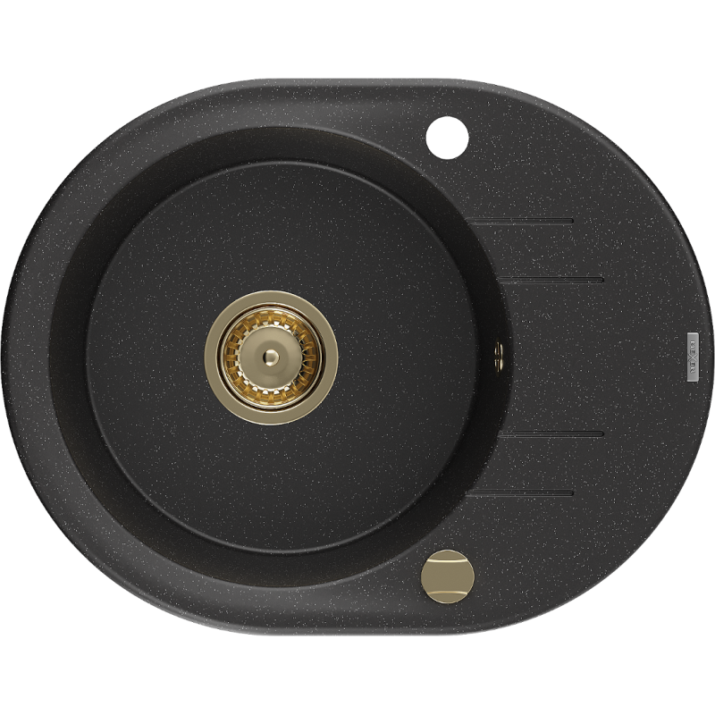 Mexen Kevin fregadero de granito de 1 tazón con escurridor 586 x 458 mm, negro/plateado metálico, sifón dorado