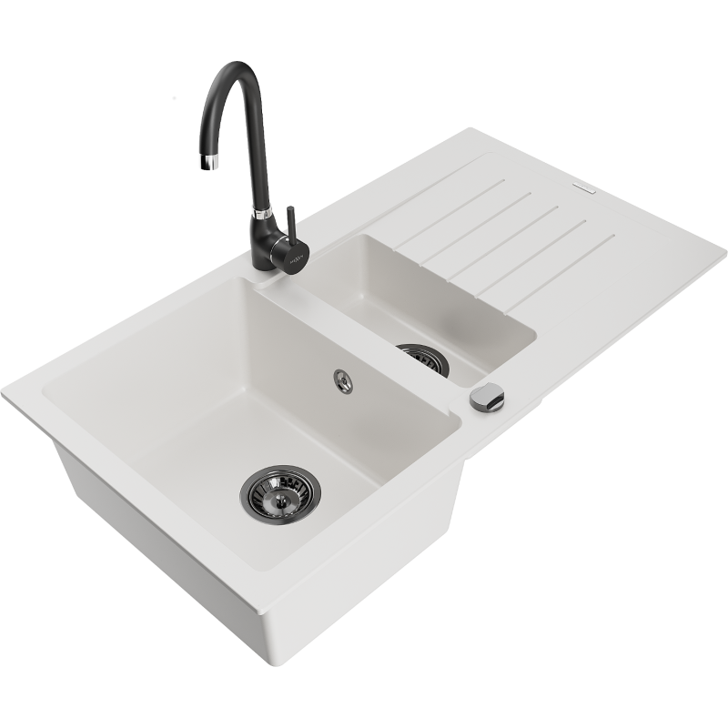 Mexen Matias fregadero de granito 1,5 cubetas con escurridor y grifo de cocina Telma, blanco - 6502-20-670200-70
