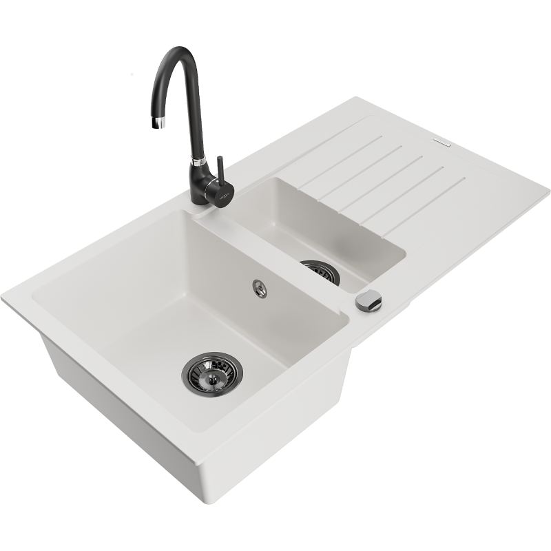 Mexen Matias granitdiskho med 1,5 kammare, avrinning och köksblandare Telma, vit - 6502-20-670200-70