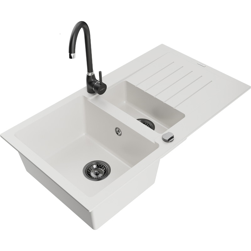 Mexen Matias granitische spoelbak 1,5-kamer met afdruiprek en keukenkraan Telma, wit - 6502-20-670200-70