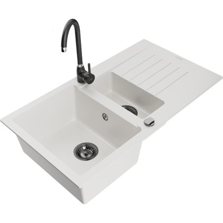 Mexen Matias fregadero de granito 1,5 cubetas con escurridor y grifo de cocina Telma, blanco - 6502-20-670200-70