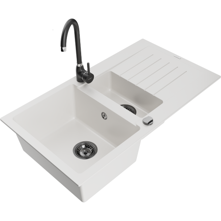 Mexen Matias granitische spoelbak 1,5-kamer met afdruiprek en keukenkraan Telma, wit - 6502-20-670200-70