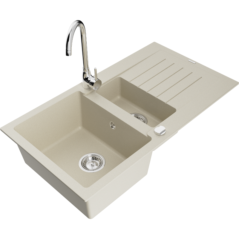 Mexen Matias évier en granit 1,5 cuve avec égouttoir et robinet de cuisine Telma, beige - 6502-69-670200-00