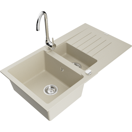 Mexen Matias granite sink 1.5-bowl with drainer and Telma kitchen faucet, beige - 6502-69-670200-00