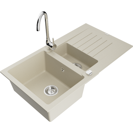Mexen Matias granitische spoelbak 1,5-komorig met afdruipplaat en keukenkraan Telma, beige - 6502-69-670200-00