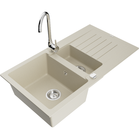 Mexen Matias Granitspüle 1,5-Kammer mit Abtropffläche und Küchenarmatur Telma, beige - 6502-69-670200-00