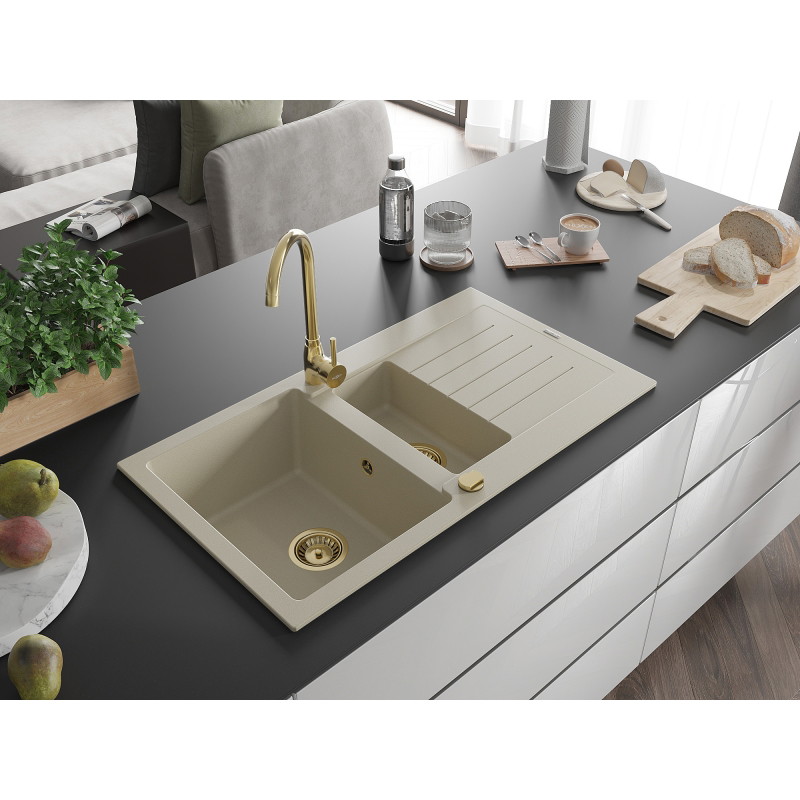 Mexen Matias lavello in granito 1,5 vasche con sgocciolatoio e rubinetto da cucina Telma, beige - 6502-69-670200-50