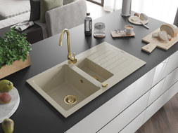 Mexen Matias Granitspüle 1,5-beckig mit Abtropffläche und Küchenarmatur Telma, beige - 6502-69-670200-50
