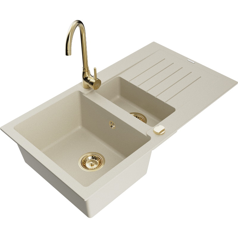 Mexen Matias fregadero de granito de 1,5 senos con escurridor y grifo de cocina Telma, beige - 6502-69-670200-50