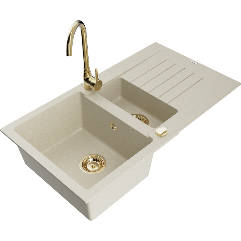Mexen Matias granieten spoelbak 1,5-komp met afdruiprek en keukenmengkraan Telma, beige - 6502-69-670200-50