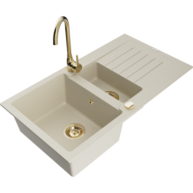 Mexen Matias Granitspüle 1,5-beckig mit Abtropffläche und Küchenarmatur Telma, beige - 6502-69-670200-50