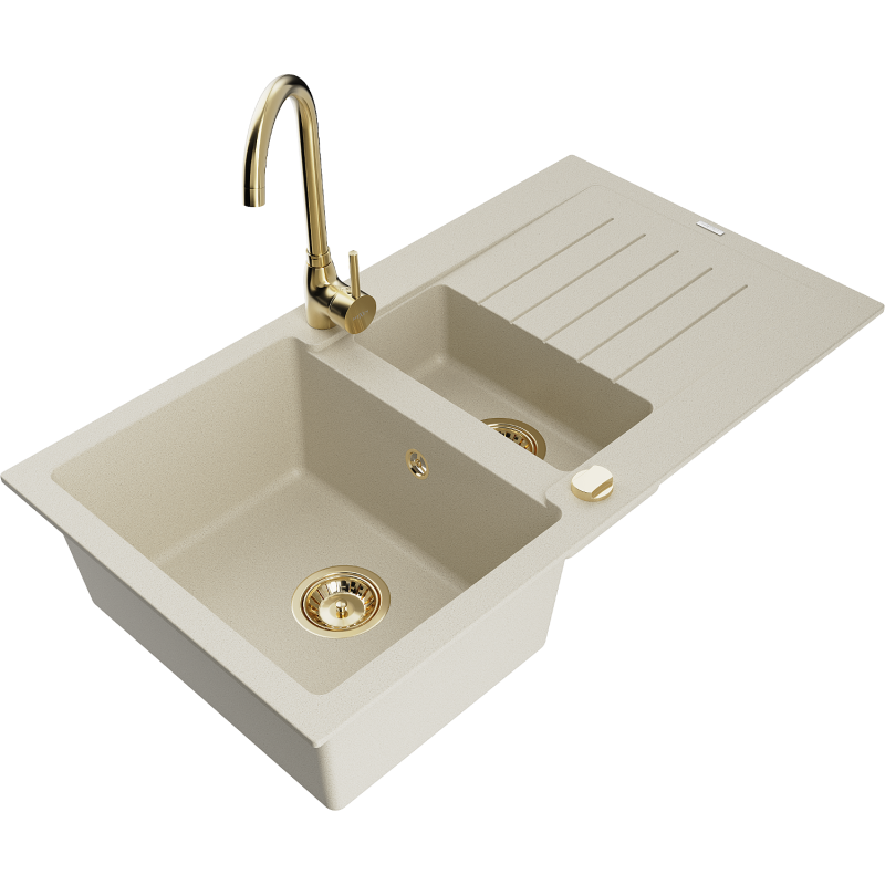 Mexen Matias lava-louças de granito de 1,5 cubas com escorredor e torneira de cozinha Telma, bege - 6502-69-670200-50