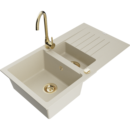 Mexen Matias Granitspüle 1,5-beckig mit Abtropffläche und Küchenarmatur Telma, beige - 6502-69-670200-50