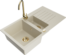Mexen Matias granite sink 1.5-bowl with drainer and Telma kitchen faucet, beige - 6502-69-670200-50