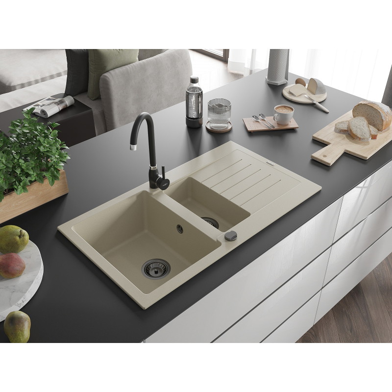 Mexen Matias granitische spoelbak met 1,5 kamers met afdruiprek en keukenmengkraan Telma, beige - 6502-69-670200-70
