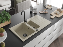 Mexen Matias Granitspüle 1,5-Becken mit Abtropffläche und Küchenarmatur Telma, beige - 6502-69-670200-70