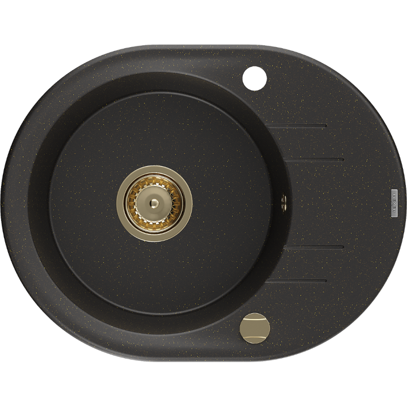Mexen Kevin fregadero de granito de 1 cubeta con escurridor 586 x 458 mm, negro/dorado metálico, sifón dorado