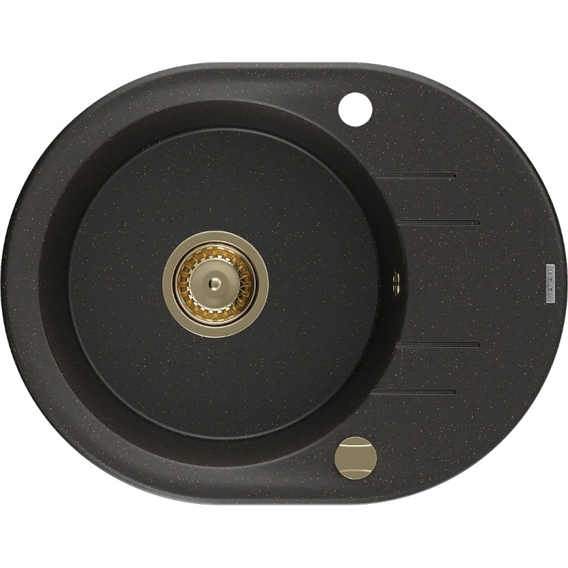 Mexen Kevin fregadero de granito de 1 seno con escurridor 586 x 458 mm, negro/dorado metálico, sifón dorado - 6517581005-75-G