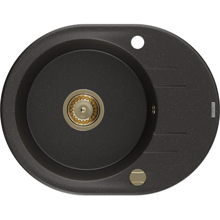 Mexen Kevin granite sink 1-bowl with drainer 586 x 458 mm, black/golden metallic, golden siphon - 6517581005-75-G