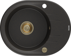 Mexen Kevin fregadero de granito de 1 seno con escurridor 586 x 458 mm, negro/metalizado dorado, sifón dorado - 6517581005-75-G