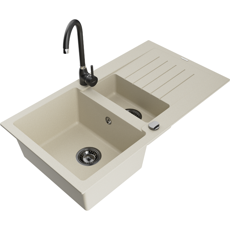Mexen Matias granieten spoelbak 1,5-komor met afdruiprek en keukenmengkraan Telma, beige - 6502-69-670200-70