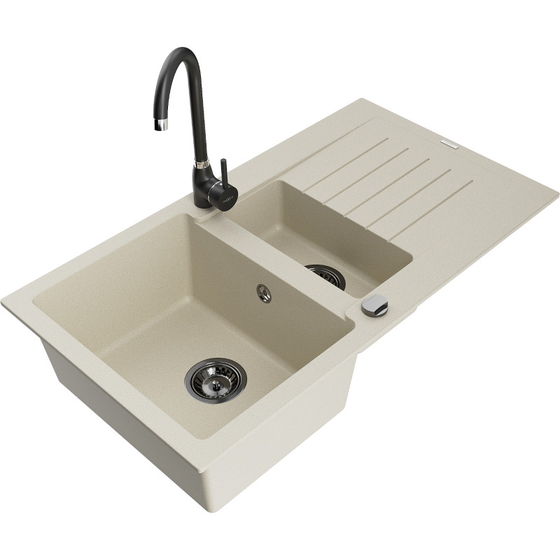 Mexen Matias granitische spoelbak met 1,5 kamers met afdruiprek en keukenmengkraan Telma, beige - 6502-69-670200-70