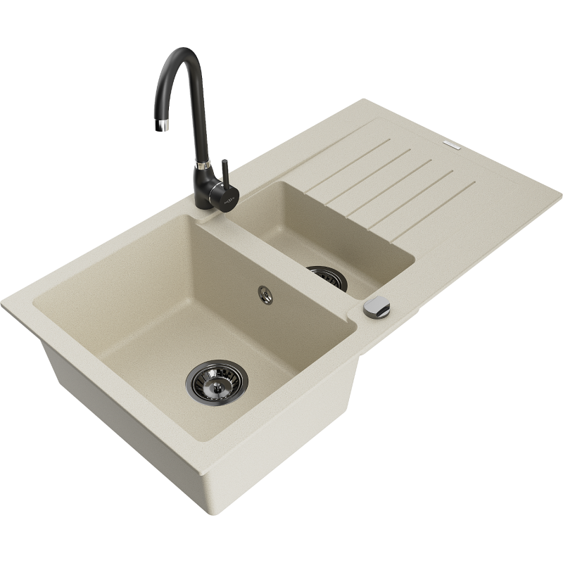 Mexen Matias Granitspüle 1,5-Becken mit Abtropffläche und Küchenarmatur Telma, beige - 6502-69-670200-70