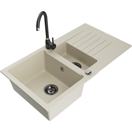 Mexen Matias Granitspüle 1,5-Becken mit Abtropffläche und Küchenarmatur Telma, beige - 6502-69-670200-70