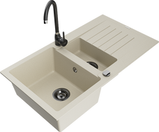 Mexen Matias Granitspüle 1,5-Becken mit Abtropffläche und Küchenarmatur Telma, beige - 6502-69-670200-70