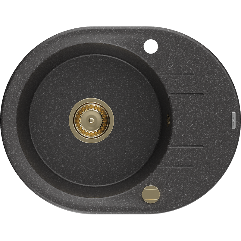 Mexen Kevin lavello in granito a 1 vasca con scolatoio 586 x 458 mm, nero maculato, sifone dorato - 6517581005-76-G