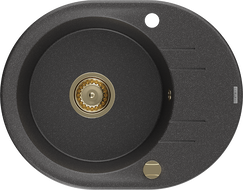 Mexen Kevin fregadero de granito de 1 cubeta con escurridor 586 x 458 mm, negro moteado, sifón dorado - 6517581005-76-G