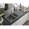 Mexen Matias Granitspüle 1,5-Becken mit Abtropfbereich und Küchenarmatur Telma, grau - 6502-71-670200-50