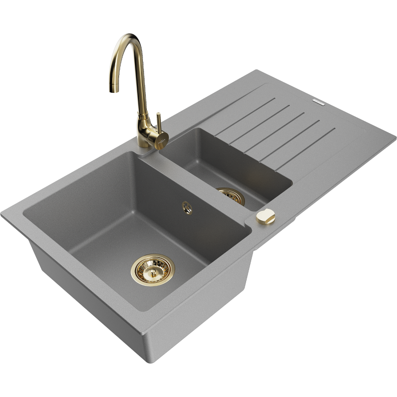 Mexen Matias 1.5-bowl granite sink with drainer and Telma kitchen tap, grey - 6502-71-670200-50