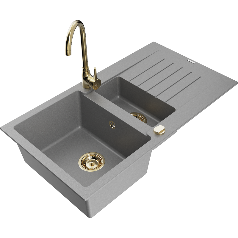 Mexen Matias fregadero de granito de 1.5 cubetas con escurridor y grifo de cocina Telma, gris - 6502-71-670200-50