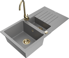 Mexen Matias fregadero de granito de 1.5 cubetas con escurridor y grifo de cocina Telma, gris - 6502-71-670200-50