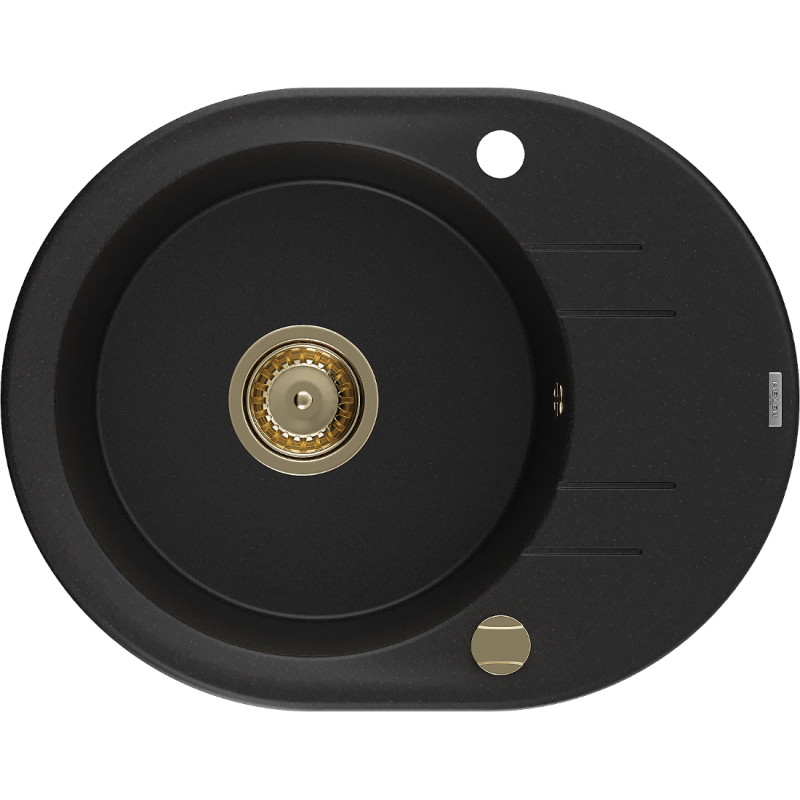 Mexen Kevin fregadero de granito de 1 cubeta con escurridor 586 x 458 mm, negro, sifón dorado - 6517581005-77-G