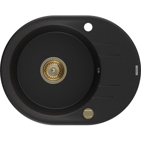 Mexen Kevin lavello in granito a 1 vasca con sgocciolatoio 586 x 458 mm, nero, sifone dorato - 6517581005-77-G