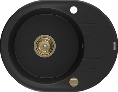 Mexen Kevin évier en granit 1 bac avec égouttoir 586 x 458 mm, noir, siphon doré - 6517581005-77-G