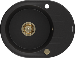 Mexen Kevin lavello in granito a 1 vasca con sgocciolatoio 586 x 458 mm, nero, sifone dorato - 6517581005-77-G