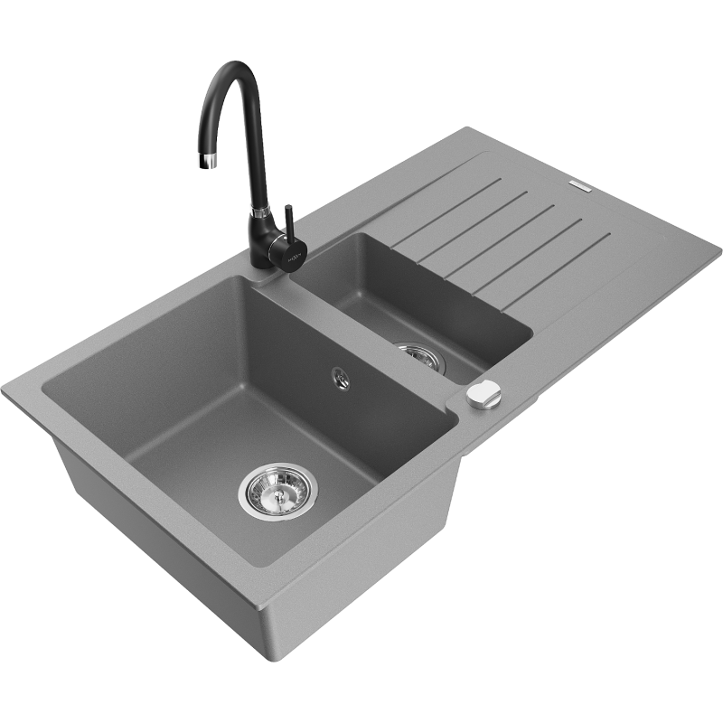 Mexen Matias fregadero de granito 1,5 cámaras con escurridor y grifo de cocina Telma, gris - 6502-71-670200-70