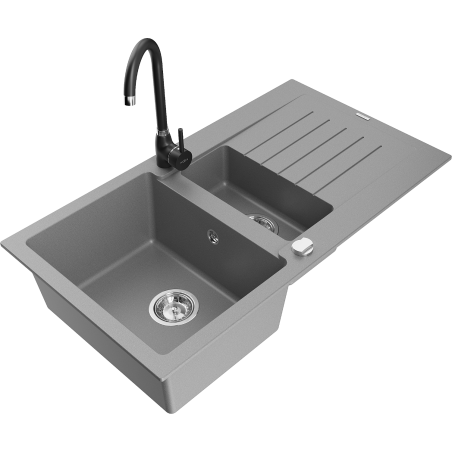 Mexen Matias fregadero de granito 1,5 cámaras con escurridor y grifo de cocina Telma, gris - 6502-71-670200-70