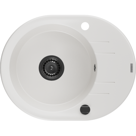 Mexen Kevin lavello in granito a 1 vasca con gocciolatoio 586 x 458 mm, bianco, sifone nero - 6517581005-20-B