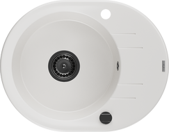 Mexen Kevin granite sink 1-bowl with drainer 586 x 458 mm, white, black siphon - 6517581005-20-B